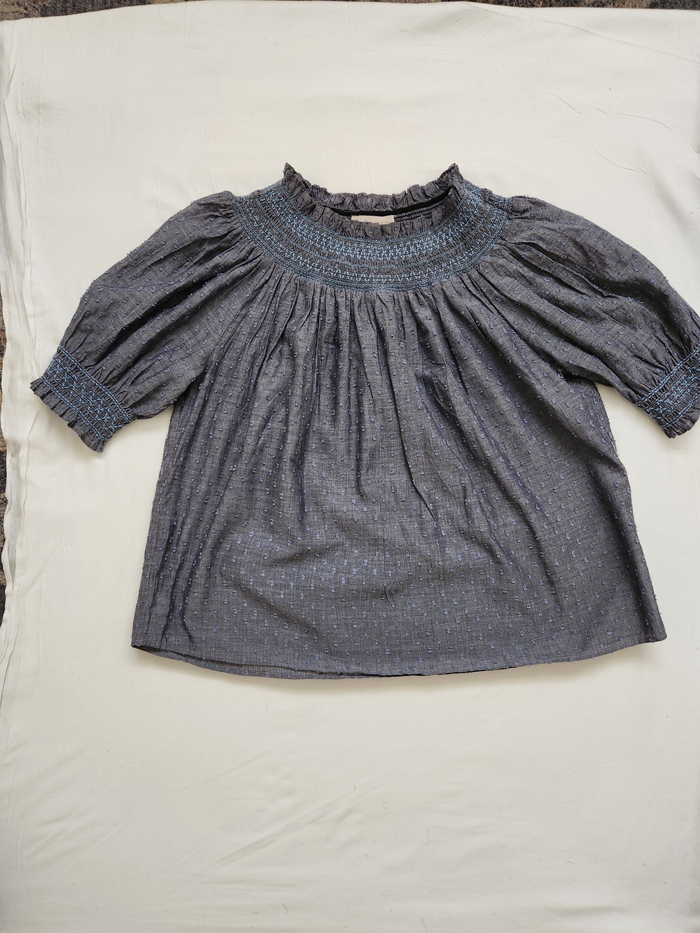 LOFT Slate Blue Smocked Whimsical Ruffled Neck Puff Sleeve Top - Picture 8 of 8